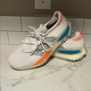 adidas mens NMD S1 White Knit Sneakers with Orange & Blue Accents